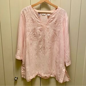 Irish ☘️ 100% Linen - Light Pink Women's Tunic Style Top- Embroidered- Size 1X